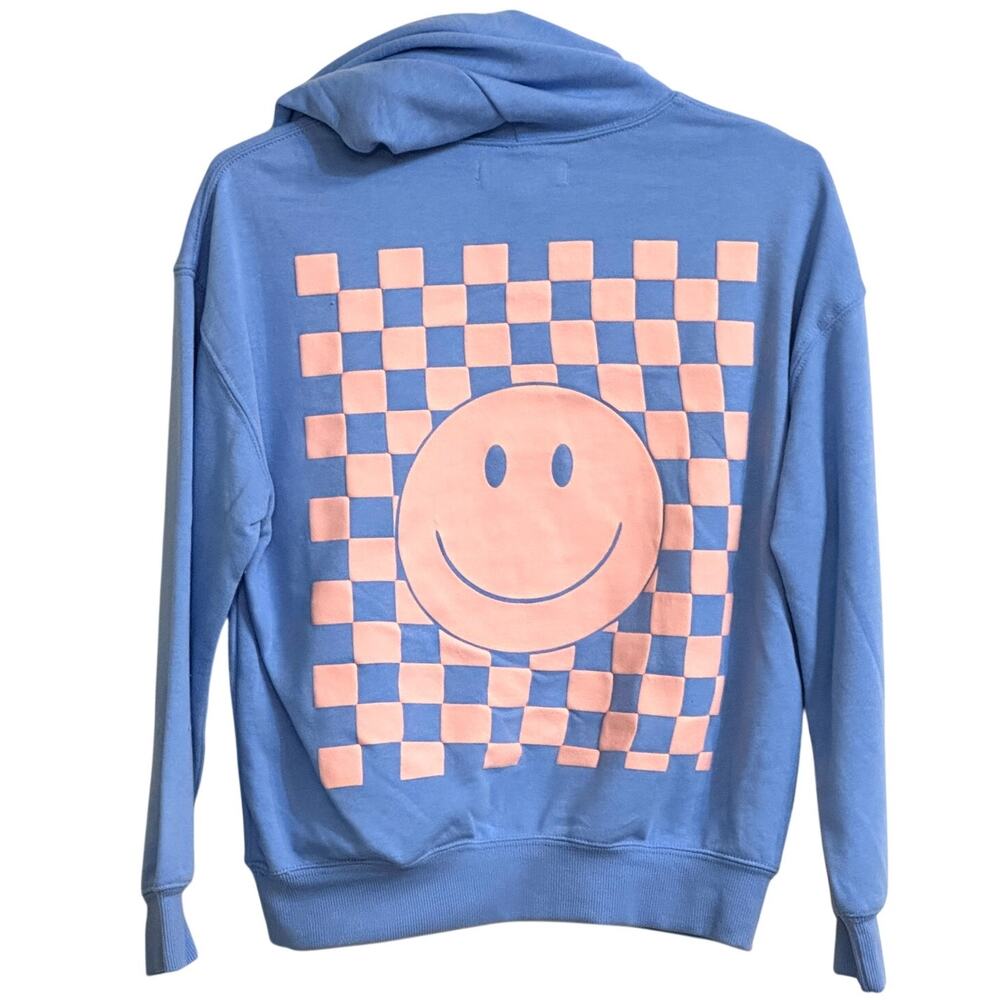 Grayson Threads Girls Size 8 Smiley Checkerboard Graphic Hoodie Blue Pink NWT